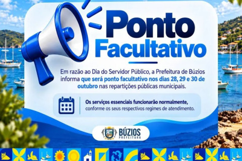 Prefeitura de Búzios decreta ponto facultativo nos dias 28, 29 e 30 de outubro em alusão ao Dia do Servidor Público